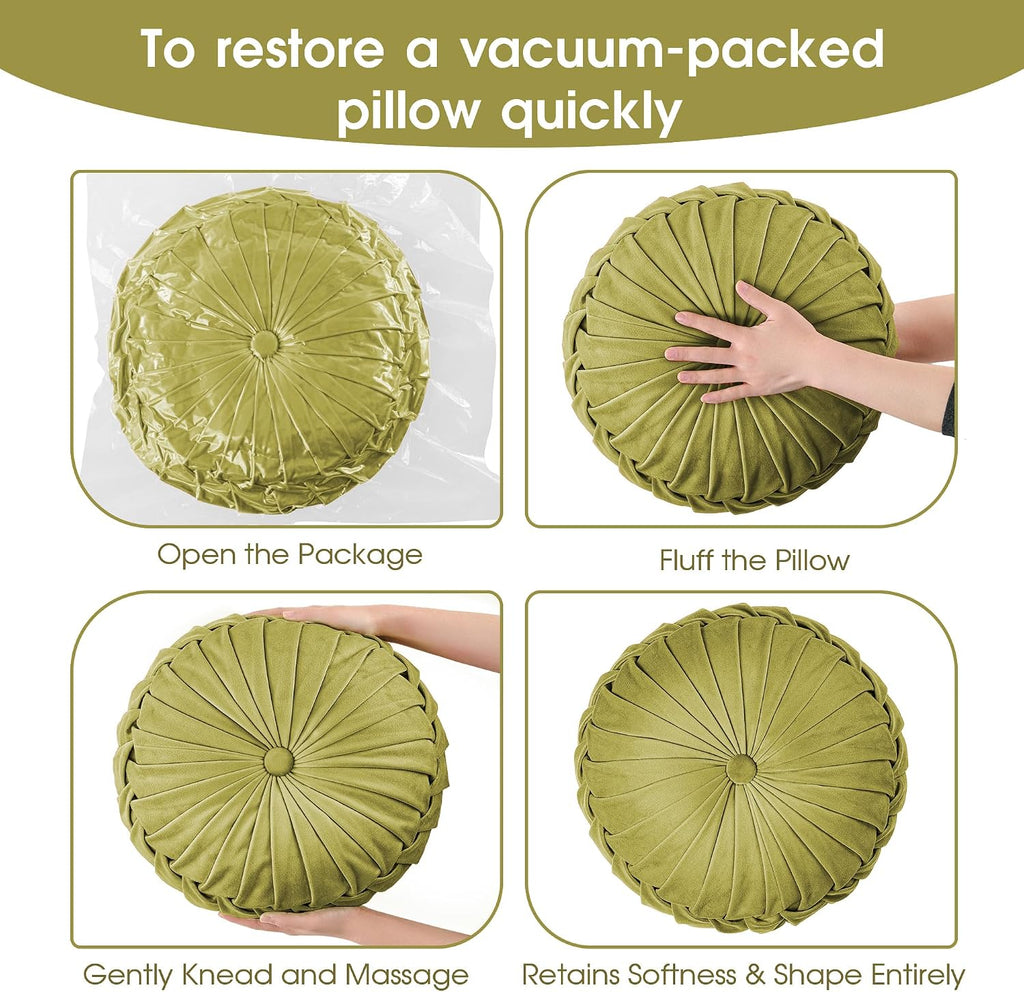 ROSE&RISY Round Pleated Velvet Throw Pillow, 1 Pack Decorative Accent Pumpkin Pillow Cushion for Couch Sofa Bed, Soft Plush Retro Vanity Throw Pillows for Home Decor, 14.5 Inch, Olive Green
