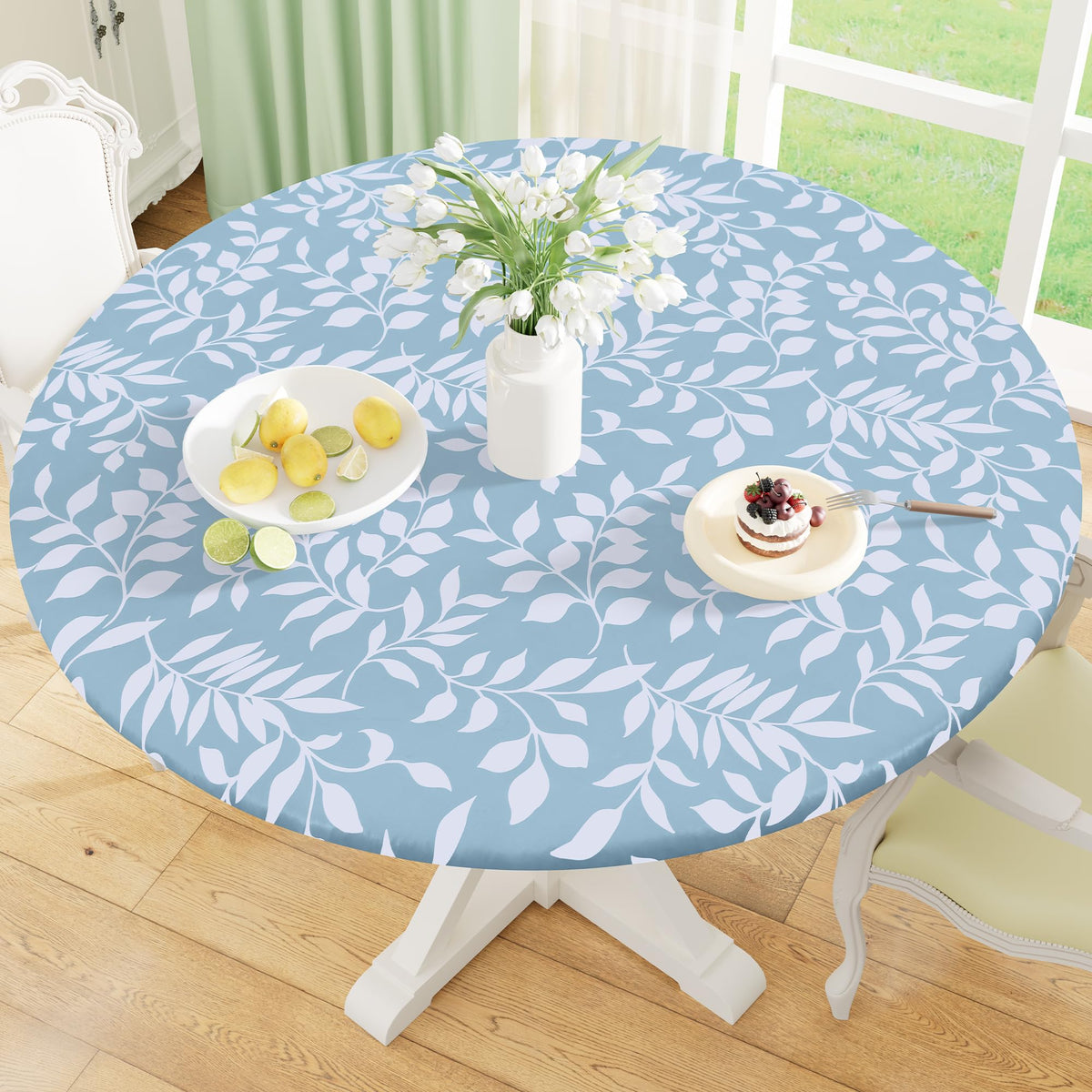 misaya Round Fitted Tablecloth with Elastic Edge, 100% Waterproof Oil Proof Plastic Table Cover, Vinyl Flannel Backed Tablecloth Fits 36"-44" Round Tables for Dinner, Outdoor, Picnic, Flowers