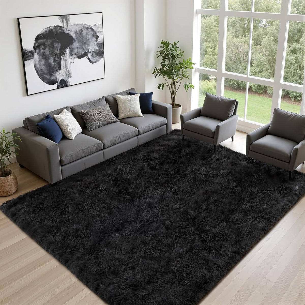 8x10 Area Rug Living Room Bedroom: Fluffy Plush Shag Carpet Black