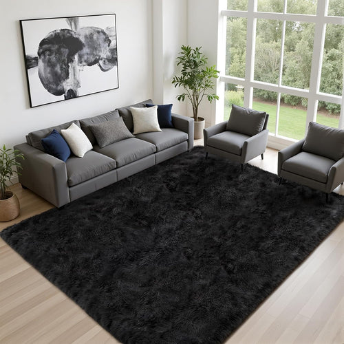8x10 Area Rug Living Room Bedroom: Fluffy Plush Shag Carpet Black
