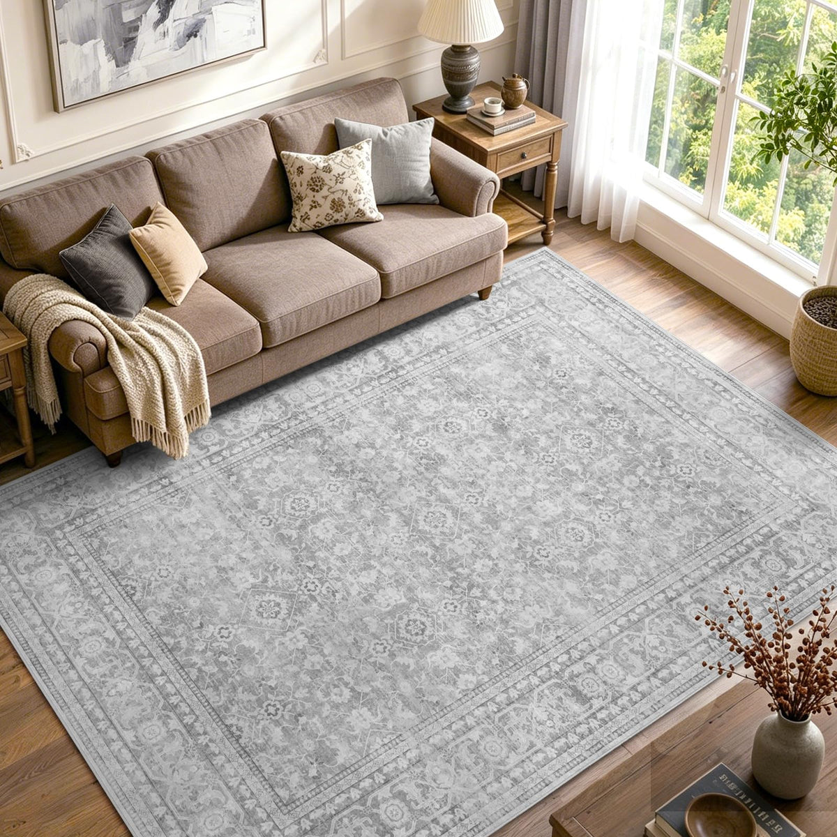 6x9 Ft Large Area Rugs for Living Room, Soft Non-Slip Machine Washable Rug, Vintage Stain Resistant Carpets for Bedroom Nursery Dining Room Home Decor (Beige)