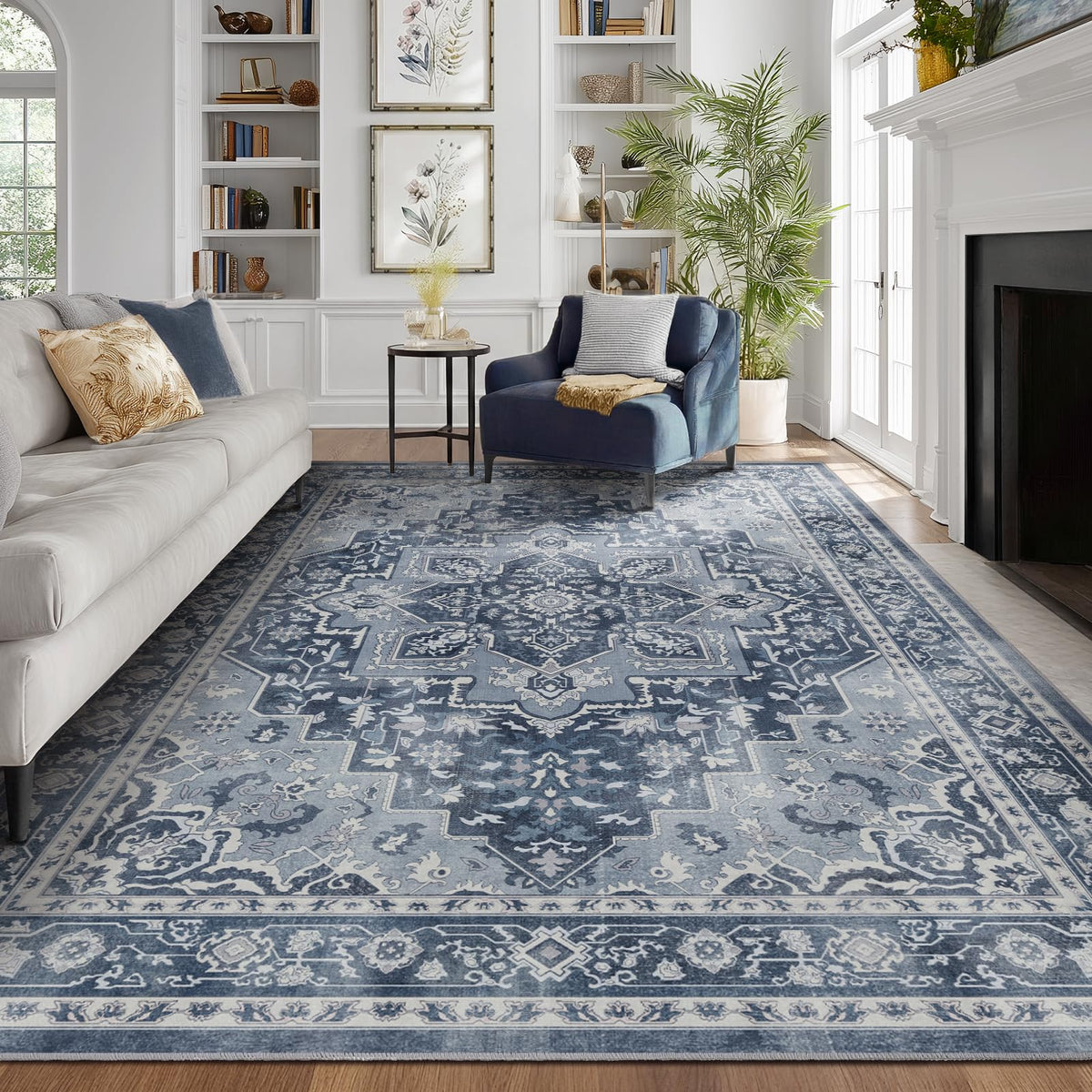 Vintage Dark Green Area Rugs 5x7 for Living Room, Tranditional Distressed Medallion Printed Low Pile Thin Rugs for Bedroom, Non Slip Washable Carpet Rugs for Dining Room/Kitchen/Home Office