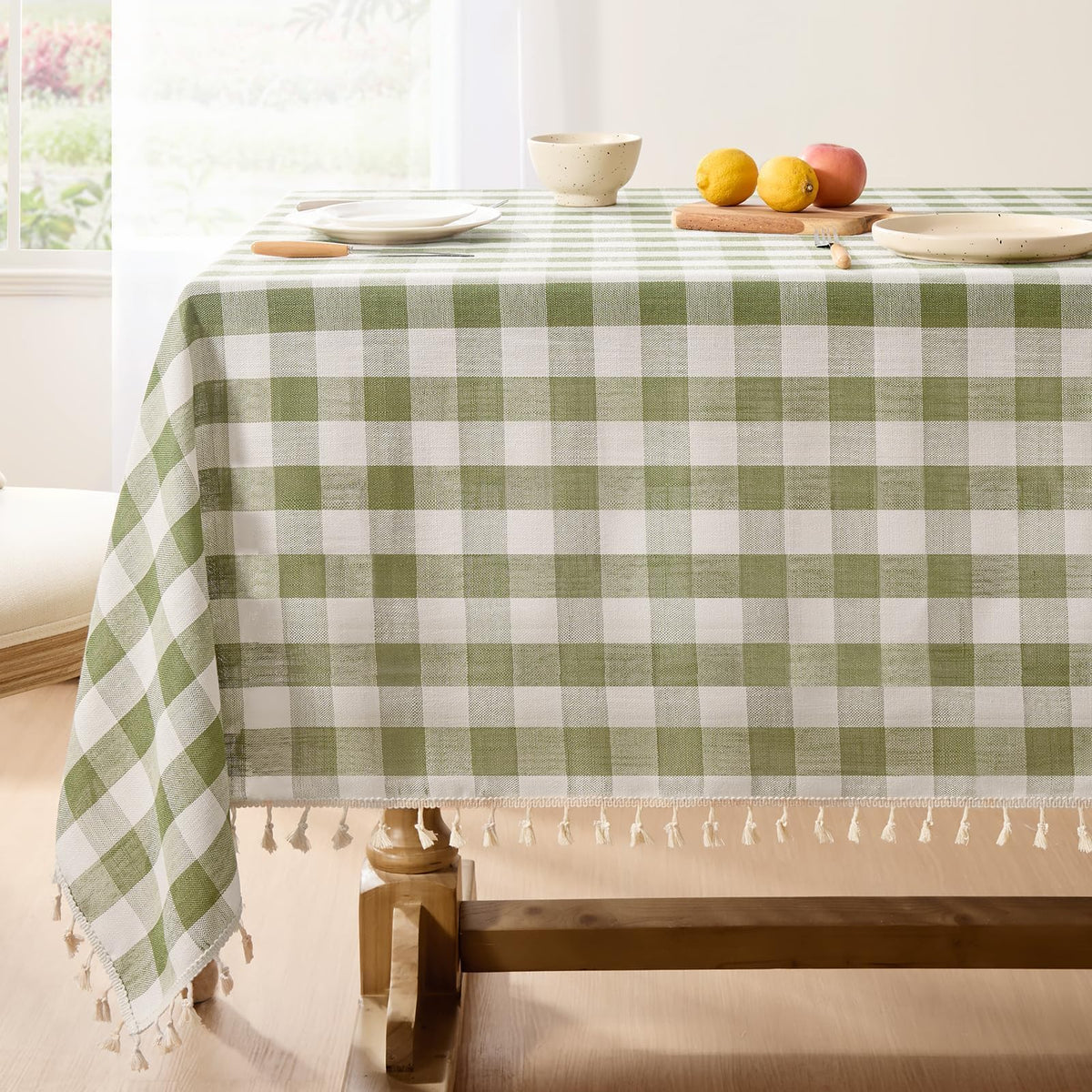 Softalker Gingham Rectangle Tablecloth with Tassel, Sage Green, 55" x 84"