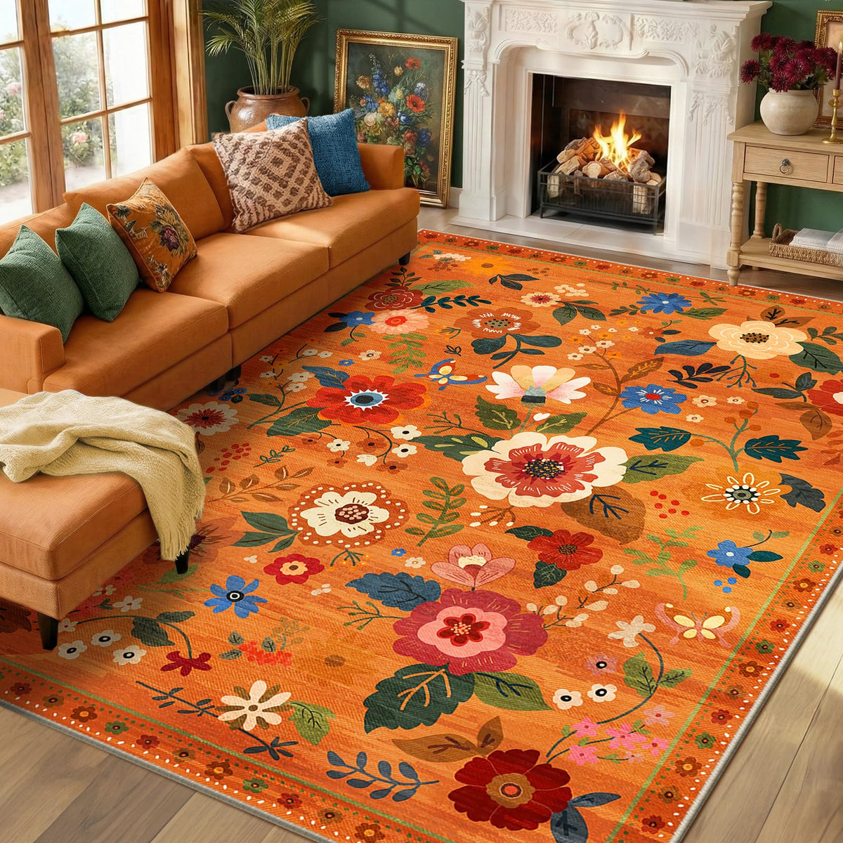 RELEANY Floral Washable 5x7 Area Rugs Black