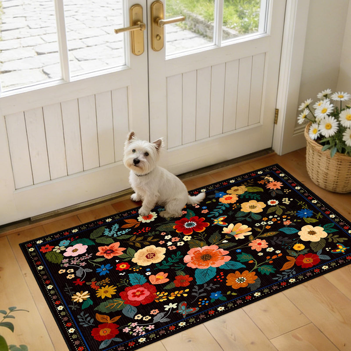 RELEANY Floral Washable 5x7 Area Rugs Black