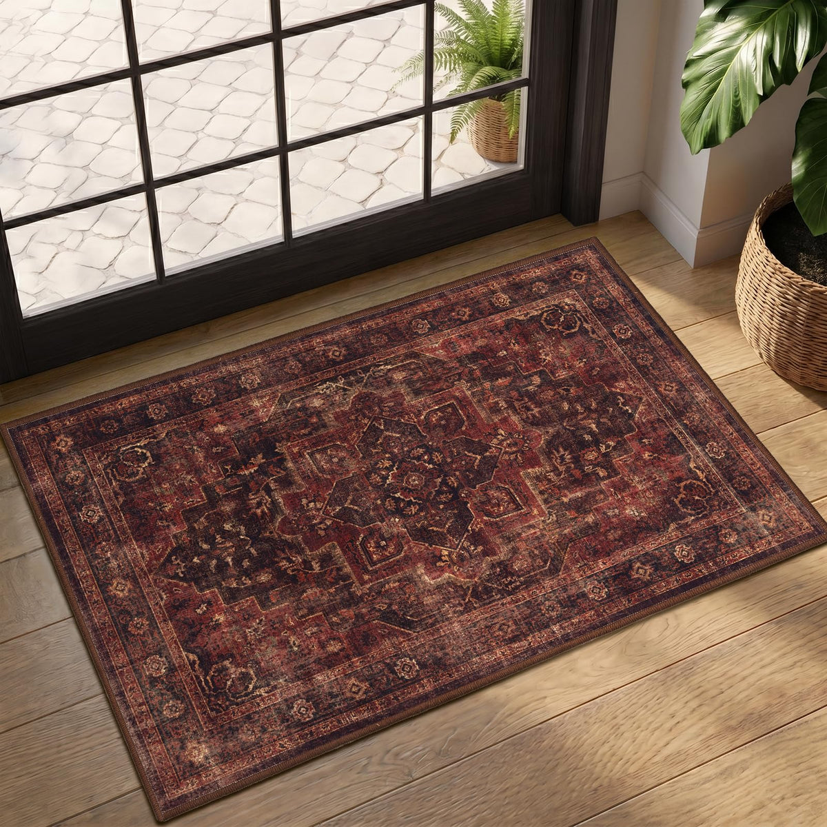 Vintage Dark Green Area Rugs 5x7 for Living Room, Tranditional Distressed Medallion Printed Low Pile Thin Rugs for Bedroom, Non Slip Washable Carpet Rugs for Dining Room/Kitchen/Home Office