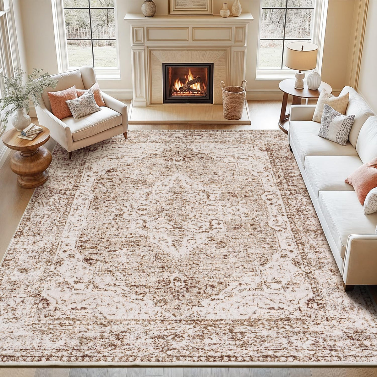 Lofus 5x7 Area Rugs for Living Room Bedroom, Soft Boho Carpet Floral Brown