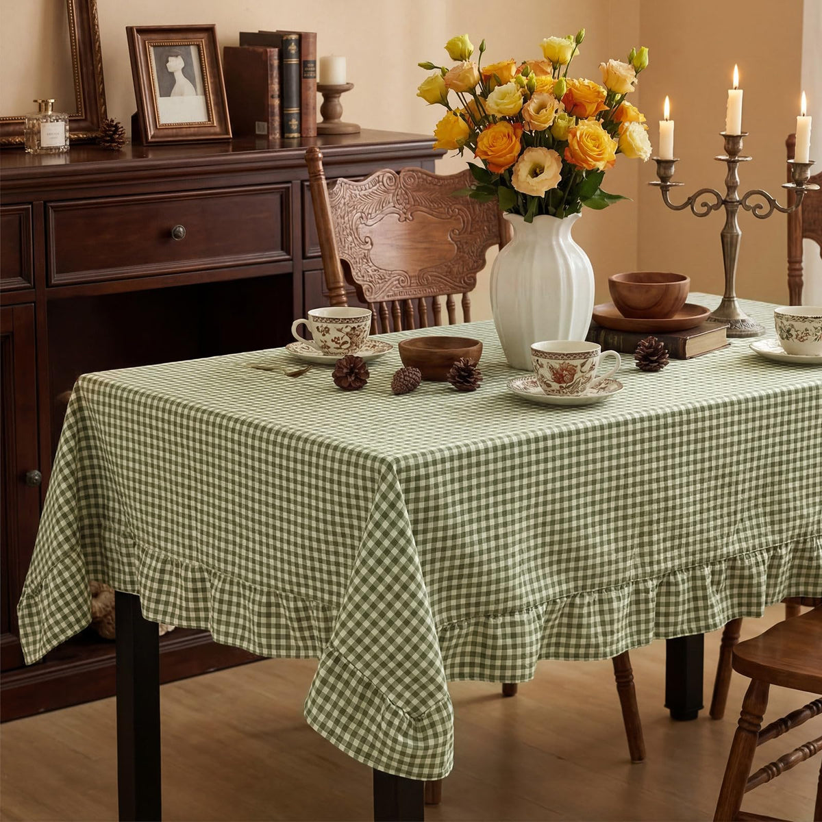 Mindsoft Brown Ruffled Gingham Tablecloth, 52 x 70 Inches, Rectangle