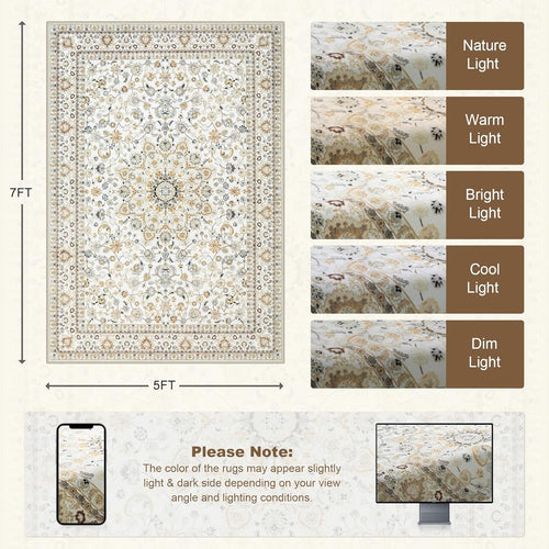 5x7 Area Rugs Living Room: Washable Vintage Rug for Bedroom Beige