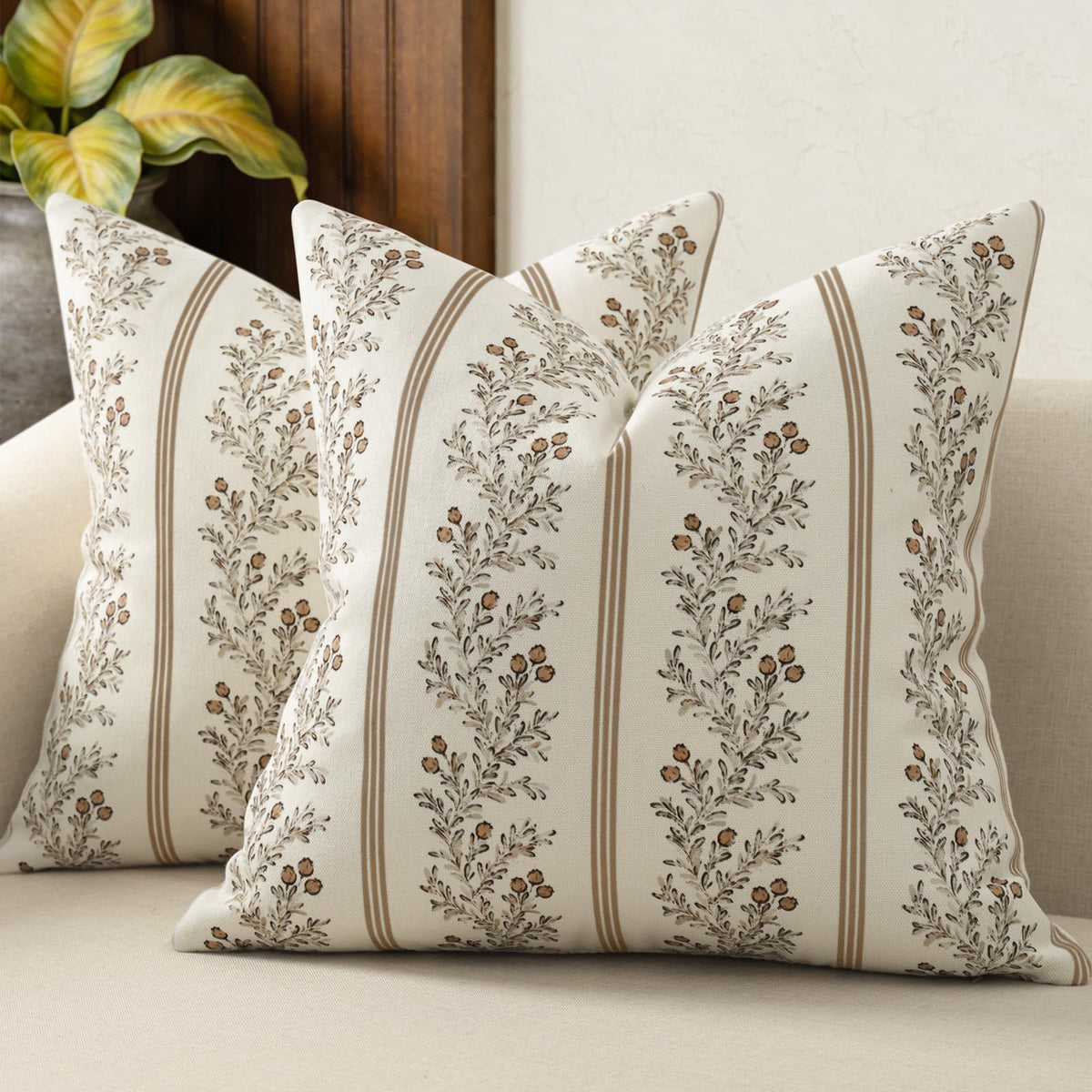 Vintage Throw Pillow Covers 18x18 Set of 2, Striped Floral Pillow Cover Botanical Patterned Decorative Cushion Covers Modern Farmhouse Home Decor for Sofa Couch Bed Living Room, Light Blue