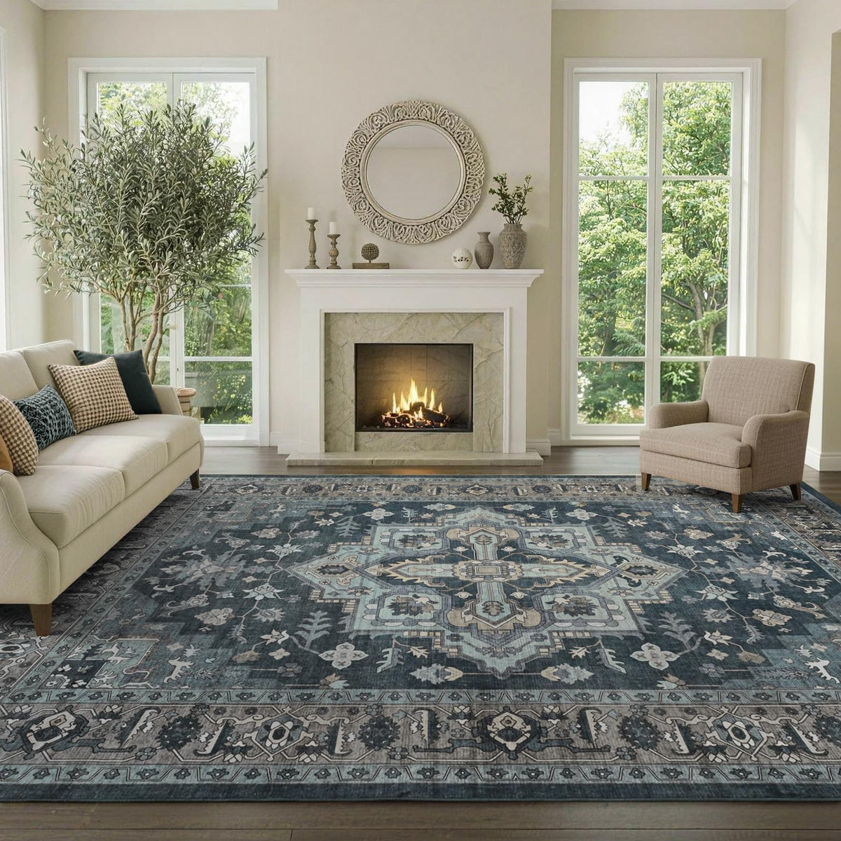 6x9 Ft Large Area Rugs for Living Room, Soft Non-Slip Machine Washable Rug, Vintage Stain Resistant Carpets for Bedroom Nursery Dining Room Home Decor (Beige)