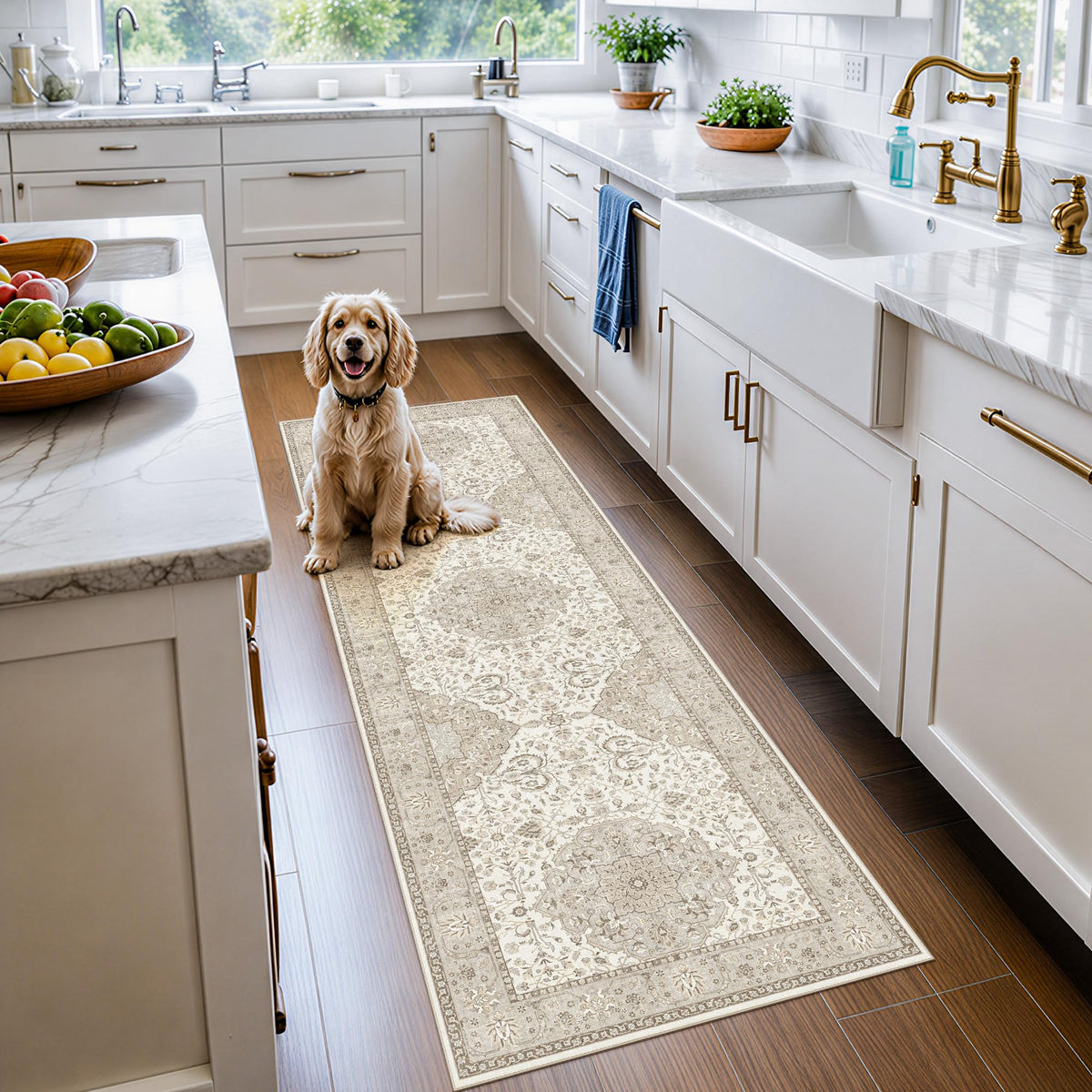 Hallway Washable Runner Rug - 2x10 Kitchen Rugs Entryway Rug Runner Vintage Soft Floor Mat Non Slip Indoor Farmhouse Carpet for Bathroom Living Room Bedroom (2 X 10, Beige)