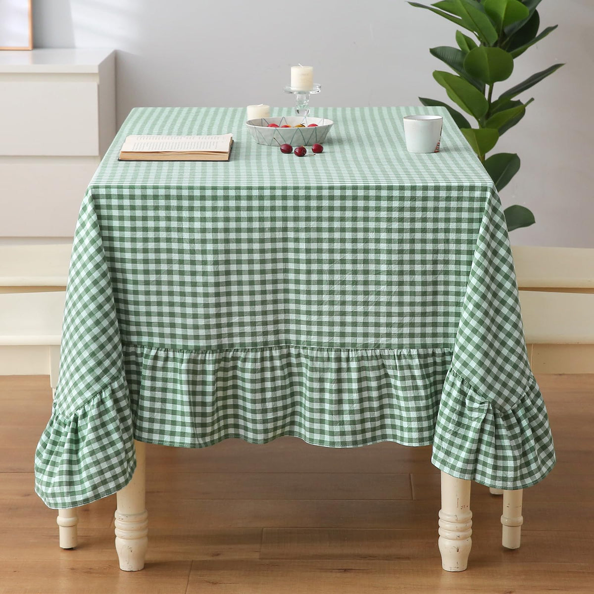 Blush White Gingham Ruffled Table Cloth Rectangular 120“x60”