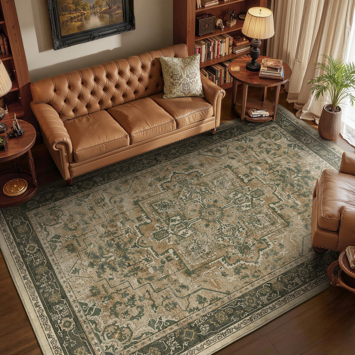 Vintage Dark Green Area Rugs 5x7 for Living Room, Tranditional Distressed Medallion Printed Low Pile Thin Rugs for Bedroom, Non Slip Washable Carpet Rugs for Dining Room/Kitchen/Home Office