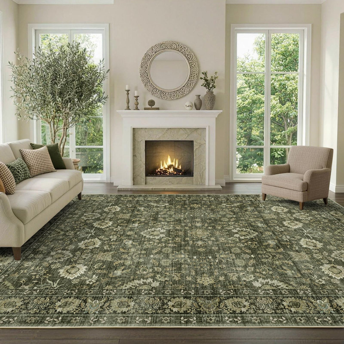 6x9 Ft Large Area Rugs for Living Room, Soft Non-Slip Machine Washable Rug, Vintage Stain Resistant Carpets for Bedroom Nursery Dining Room Home Decor (Beige)