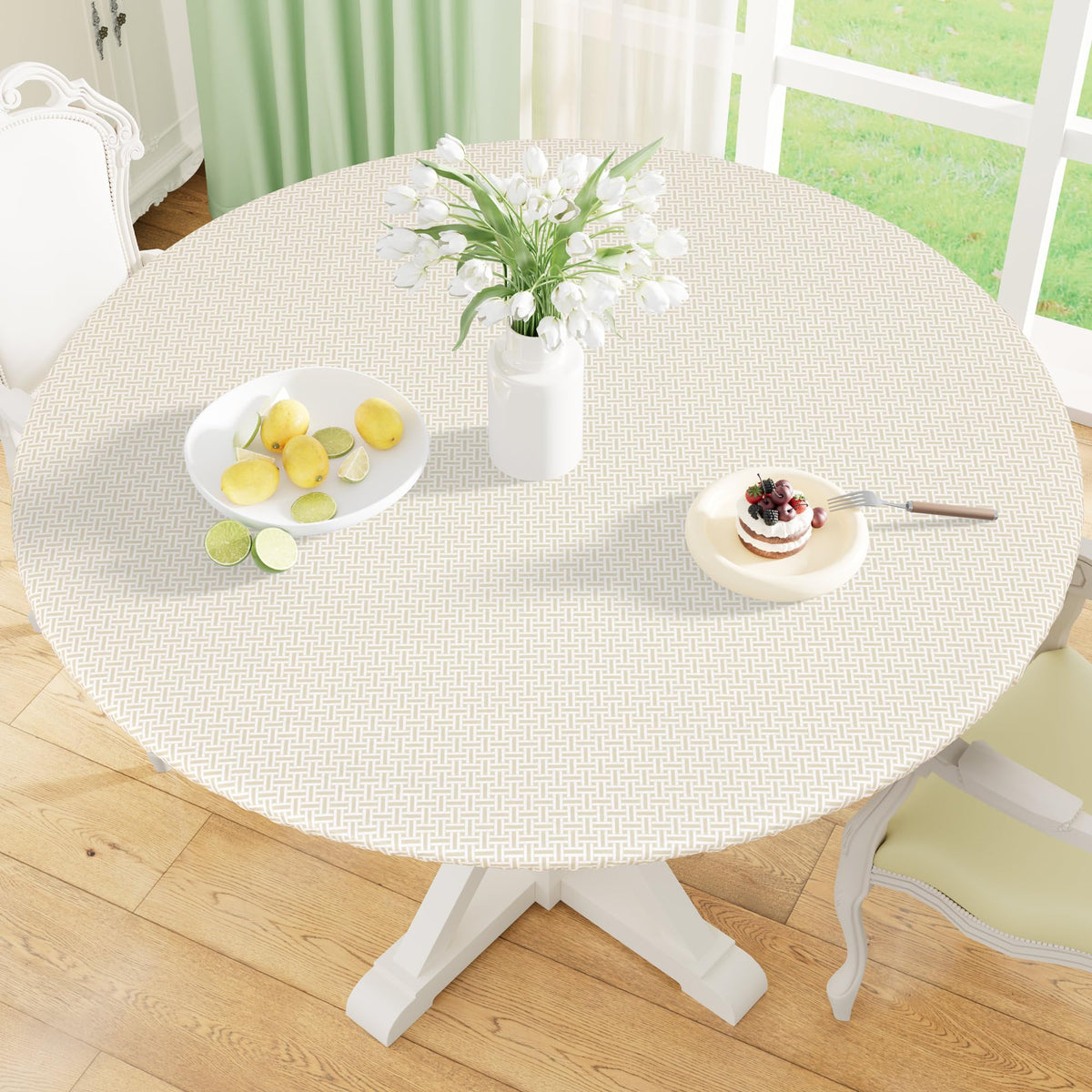 misaya Round Fitted Tablecloth with Elastic Edge, 100% Waterproof Oil Proof Plastic Table Cover, Vinyl Flannel Backed Tablecloth Fits 36"-44" Round Tables for Dinner, Outdoor, Picnic, Flowers