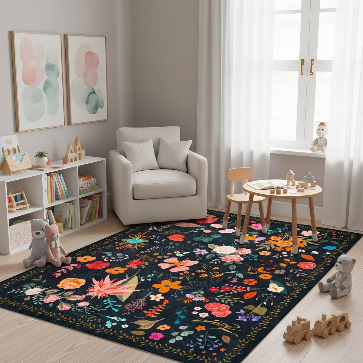 Washable 9x12 Area Rug for Living Room, Non-Slip Large Pink Bedroom Rugs