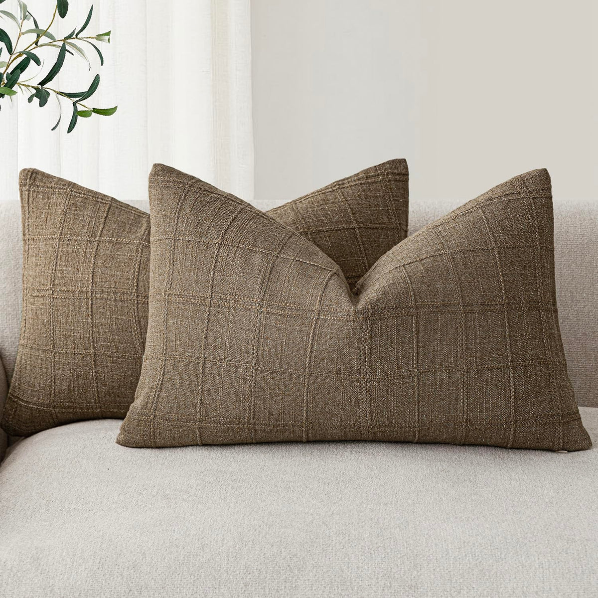 Foindtower Boho Linen Check Decorative Throw Pillow Cover 20×20 Olive Green