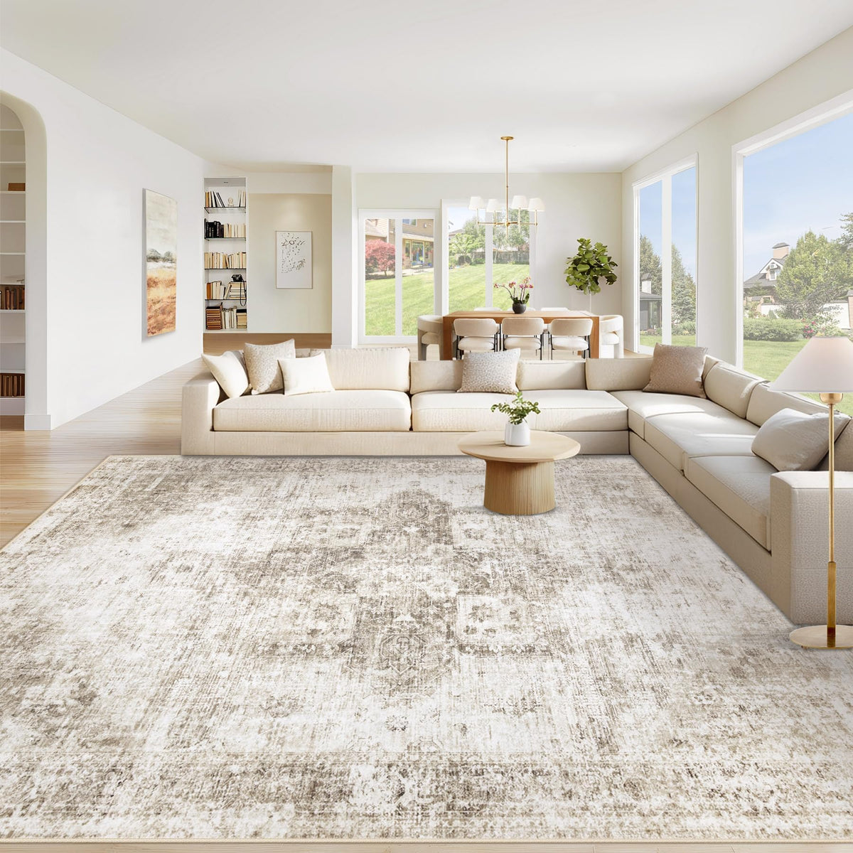 Area Rug 8x10 Washable Rug, Vintage Boho Medallion Rugs Non-Slip Soft Low Pile Large Distressed Rug Indoor Retro Carpet for Living Room Bedroom Dining Room Office Children's Room(Beige, 8'x10')