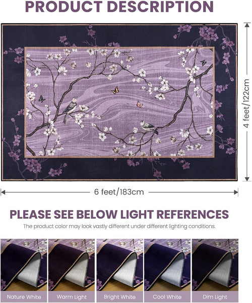 4x6 Purple Oriental Floral Bird Butterfly Throw Area Rug