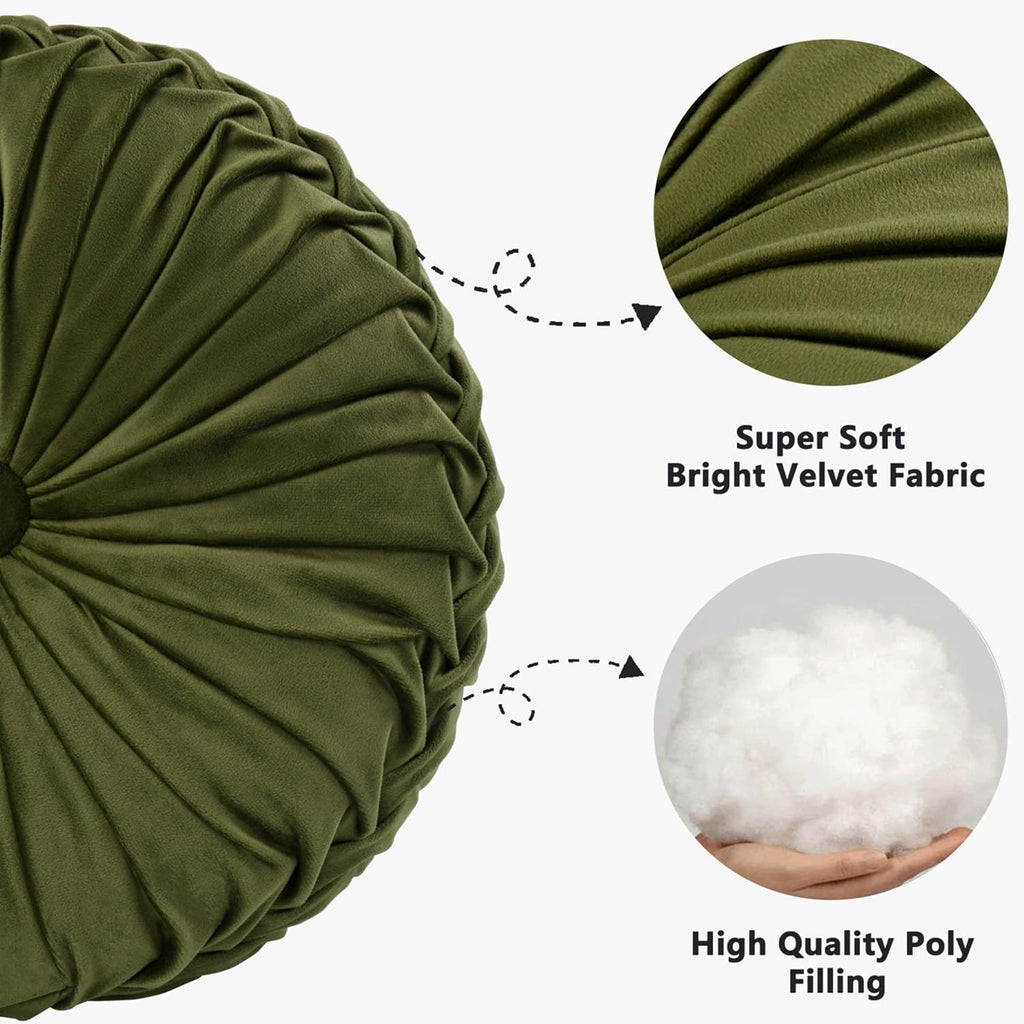 HIG Set of 2 Olive Velvet Decorative Round Pleated Throw Pillows