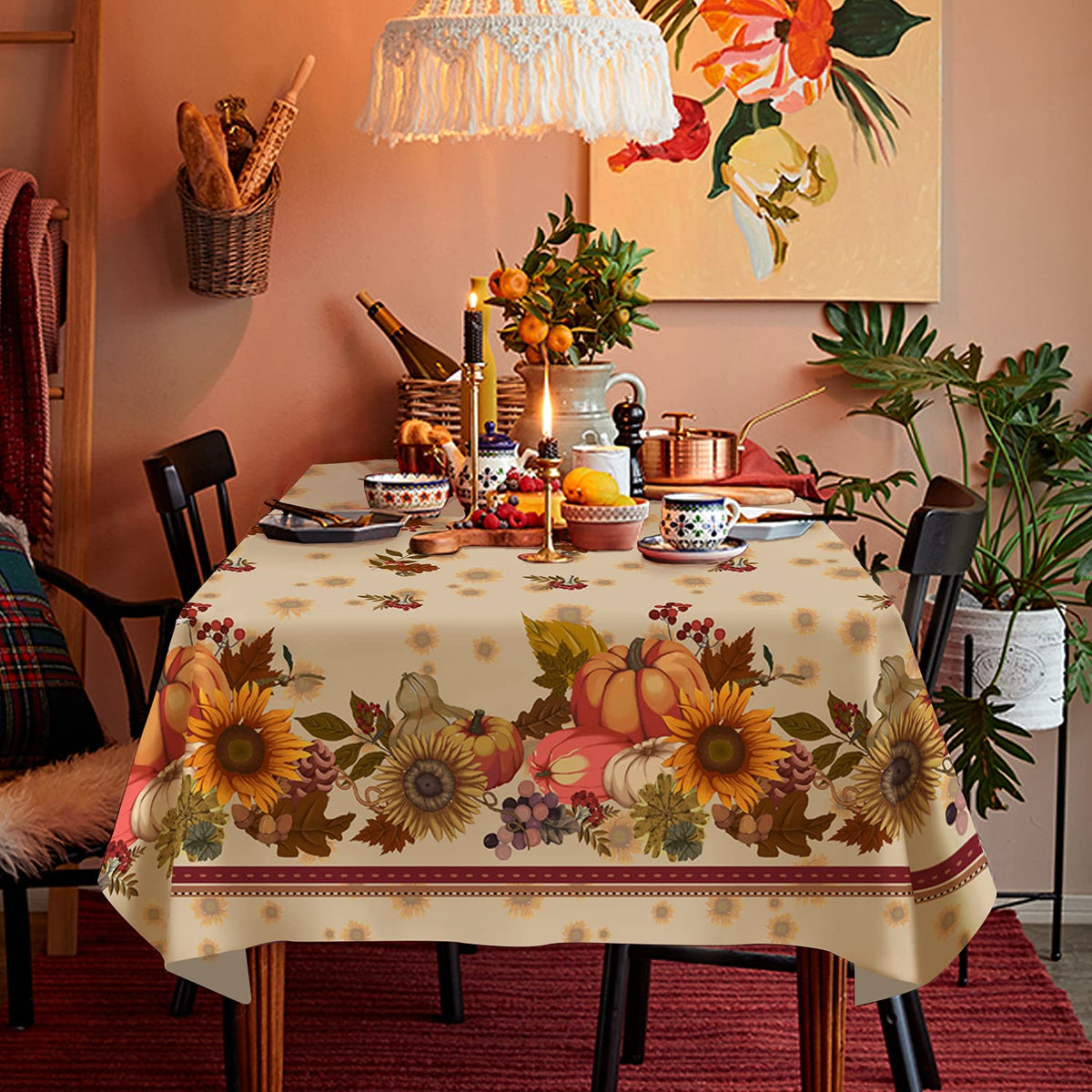 Fall Thanksgiving Double Border Decoration Tablecloth, Turkey & Pumpkin Harvest Tablecloths, Waterproof Table Cover for Dinner Kitchen Party Holiday Decorations Oval 54 x 72 Inch