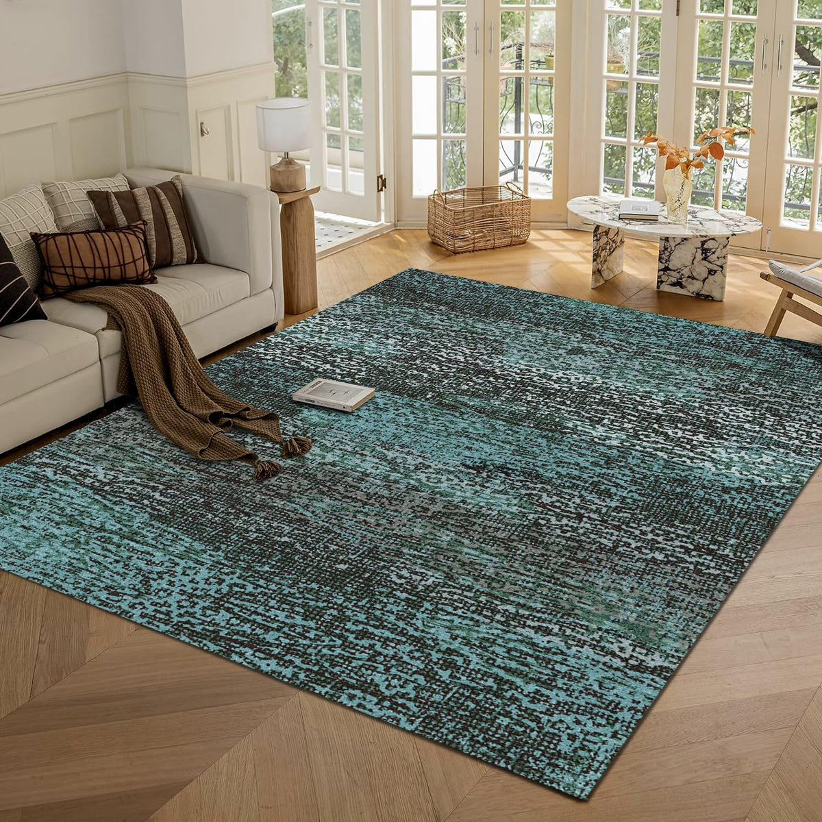 RUGSURE Washable Area Rugs - Perfect for Living Room, Bedroom, Kids Room, Nursery - Stain & Water Resistant Non-Slip, Pet & Child Friendly, Vintage Tribal Area Rugs (Green, 5' x 7')