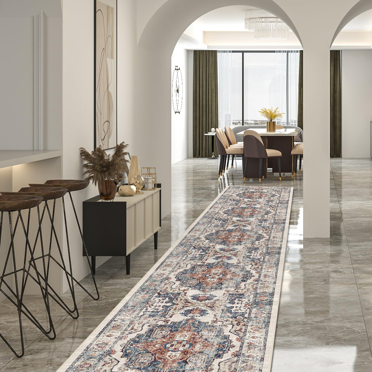 Hallway Washable Runner Rug - 2x10 Kitchen Rugs Entryway Rug Runner Vintage Soft Floor Mat Non Slip Indoor Farmhouse Carpet for Bathroom Living Room Bedroom (2 X 10, Beige)
