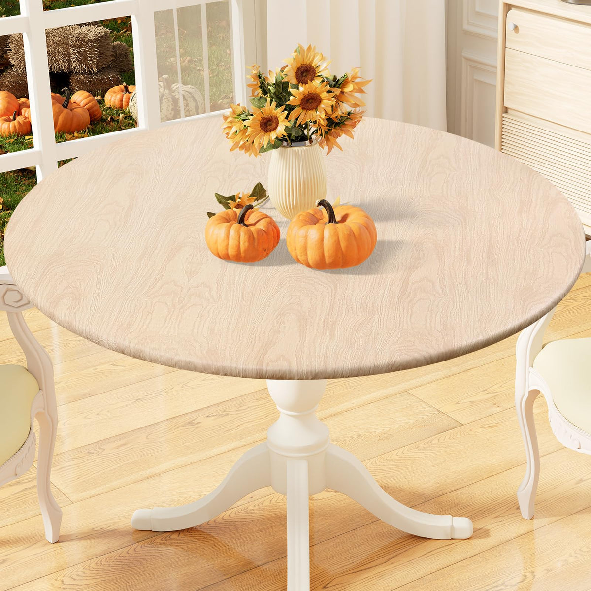 misaya Round Fitted Tablecloth with Elastic Edge, 100% Waterproof Oil Proof Plastic Table Cover, Vinyl Flannel Backed Tablecloth Fits 36"-44" Round Tables for Dinner, Outdoor, Picnic, Flowers