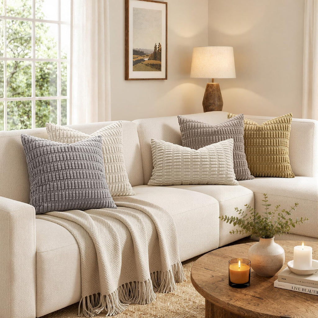MIULEE Corduroy Decorative Throw Pillow Covers 18x18 Cream White Pack of 2