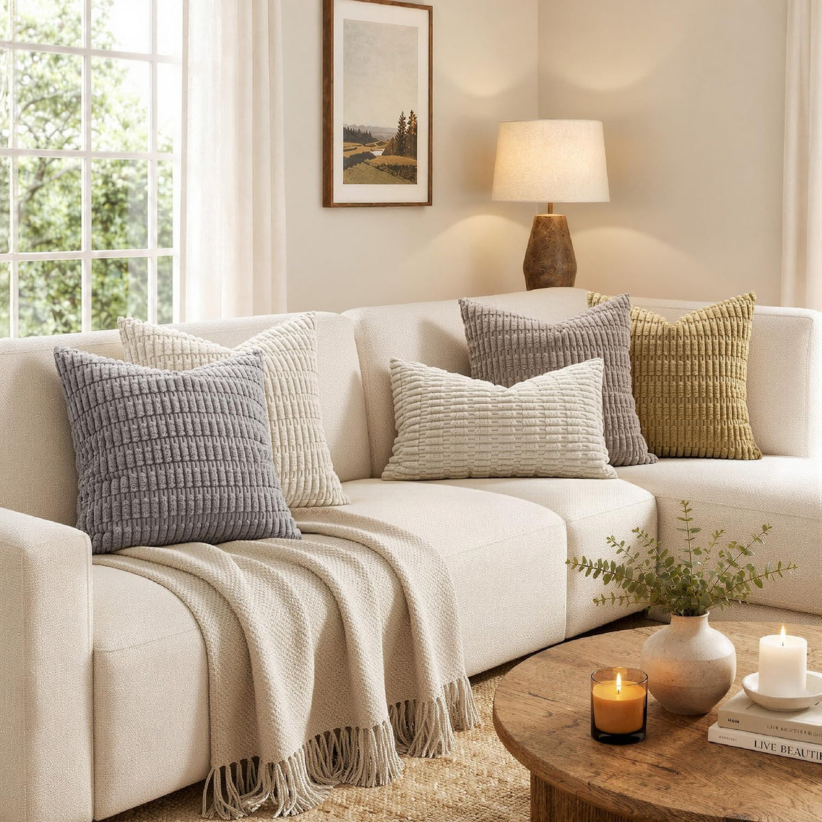 MIULEE Corduroy Decorative Throw Pillow Covers 18x18 Cream White Pack of 2