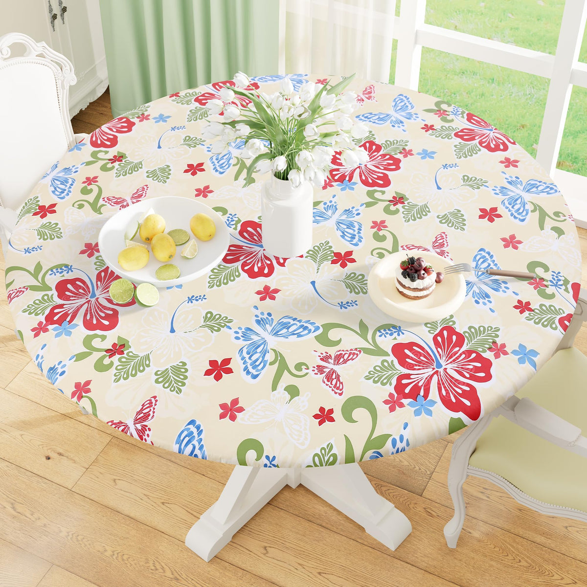 misaya Round Fitted Tablecloth with Elastic Edge, 100% Waterproof Oil Proof Plastic Table Cover, Vinyl Flannel Backed Tablecloth Fits 36"-44" Round Tables for Dinner, Outdoor, Picnic, Flowers