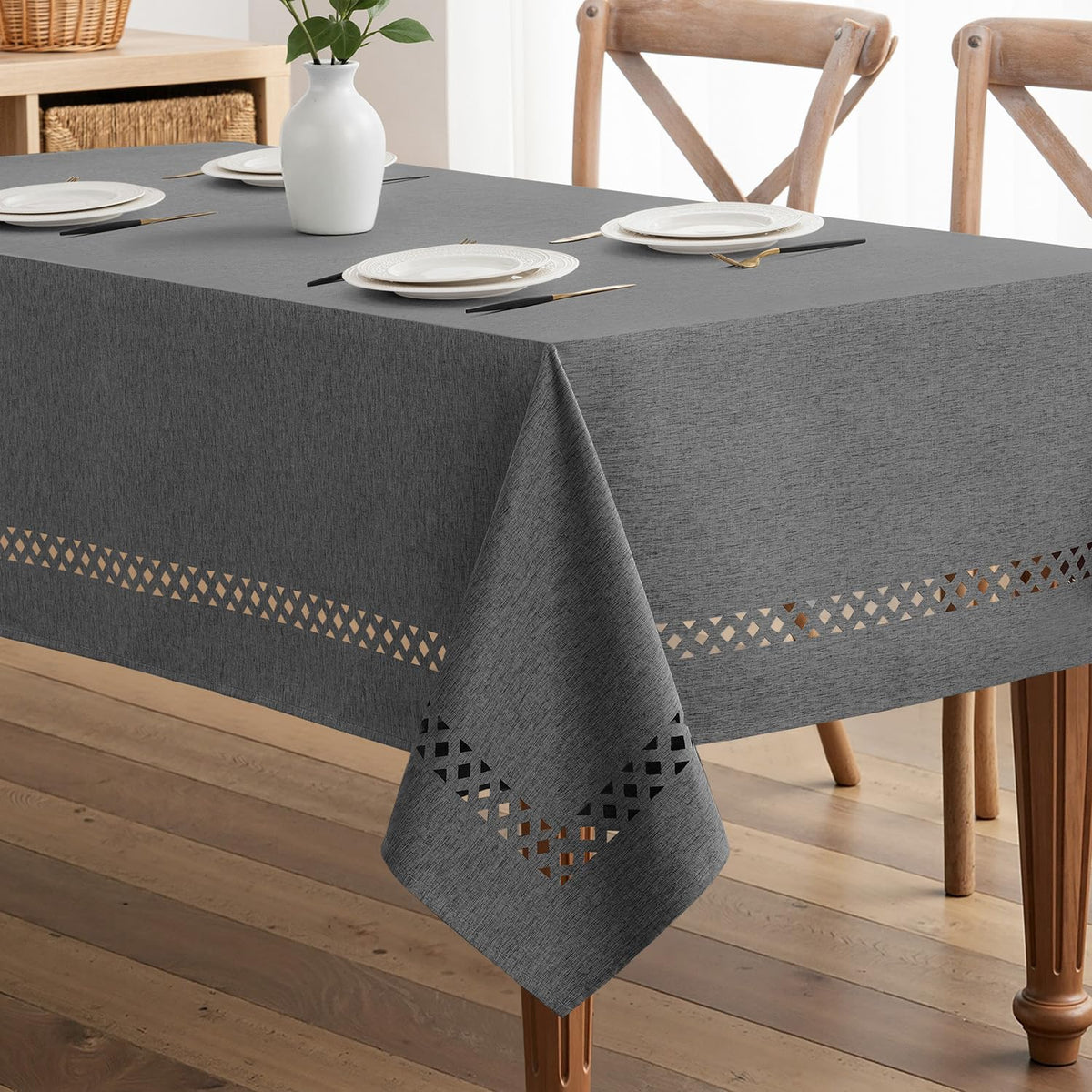 MIULEE Beige Rectangle Tablecloth with Decorative Cutouts 52x70 Inch