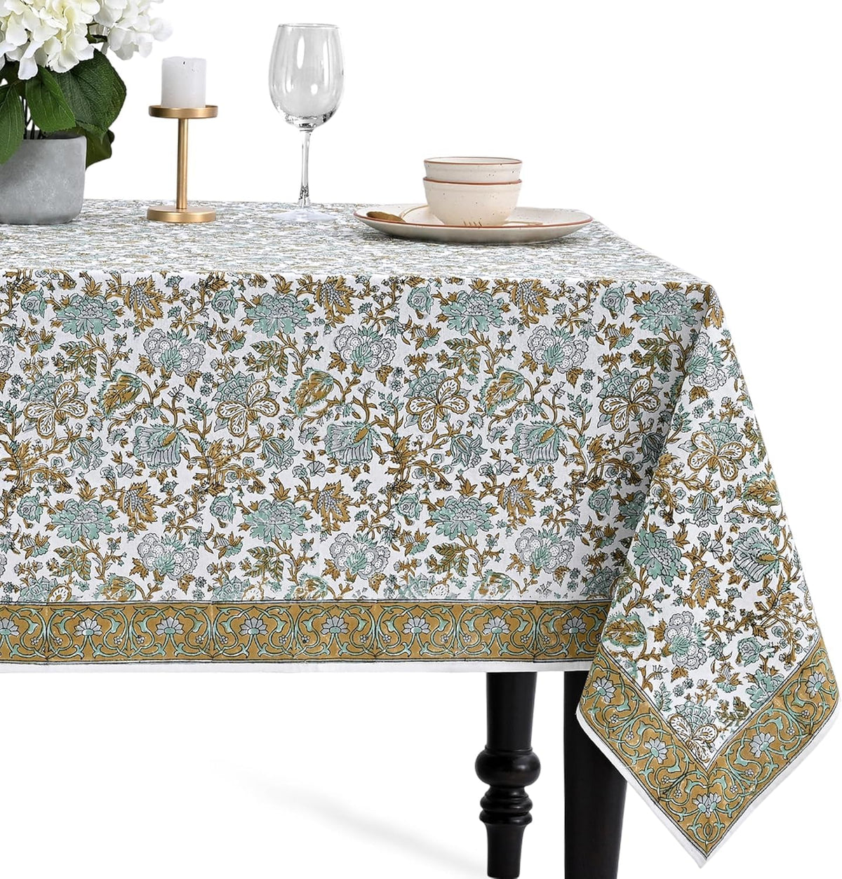 CPC Tablecloth 100% Cotton 70x108 Inch Indian Block Print Rectangle Table Cover, Blue Table Cloth for Weddings, Spring/Summer, Barbeque - Apatite Blue