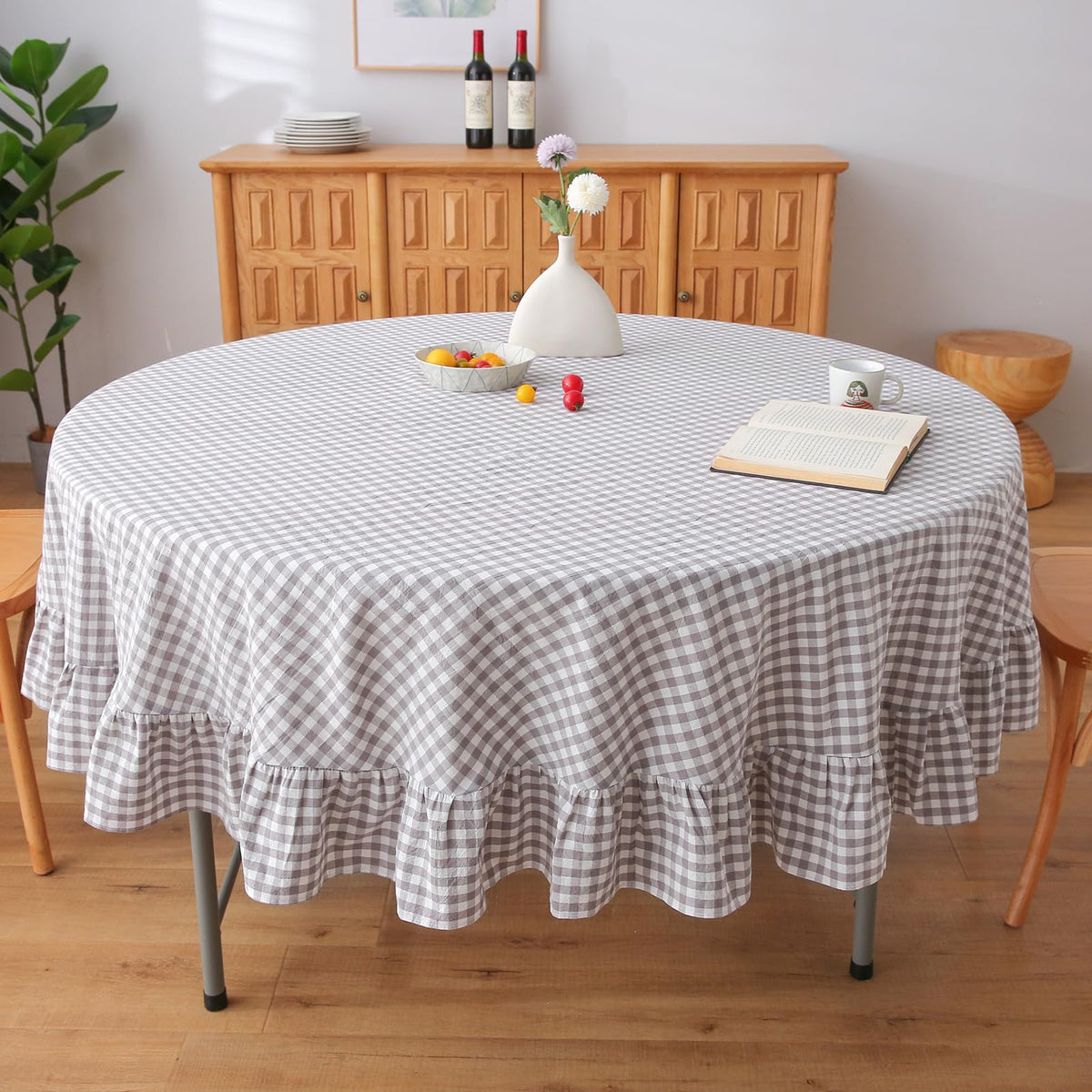 Blush White Gingham Ruffled Table Cloth Rectangular 120“x60”