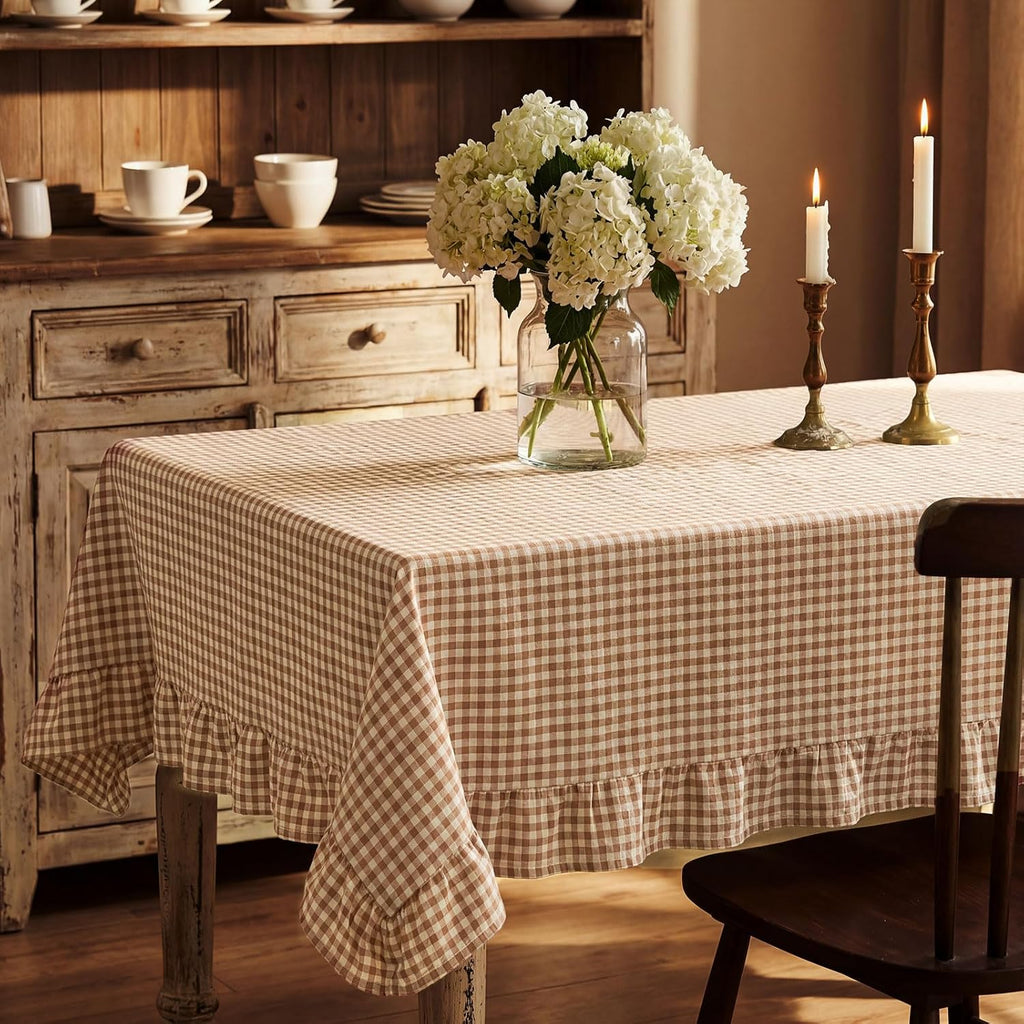 Mindsoft Brown Ruffled Gingham Tablecloth, 52 x 70 Inches, Rectangle