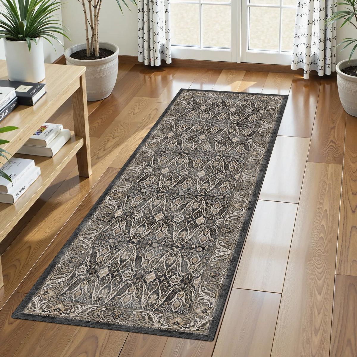 Washable Area Rug 5' x 7' Vintage Traditional Persian Mat - Foldable Distressed Non-Slip Machine Washable Carpet for Living Room Bedroom Kitchen Home Decor - Graphite and Mist