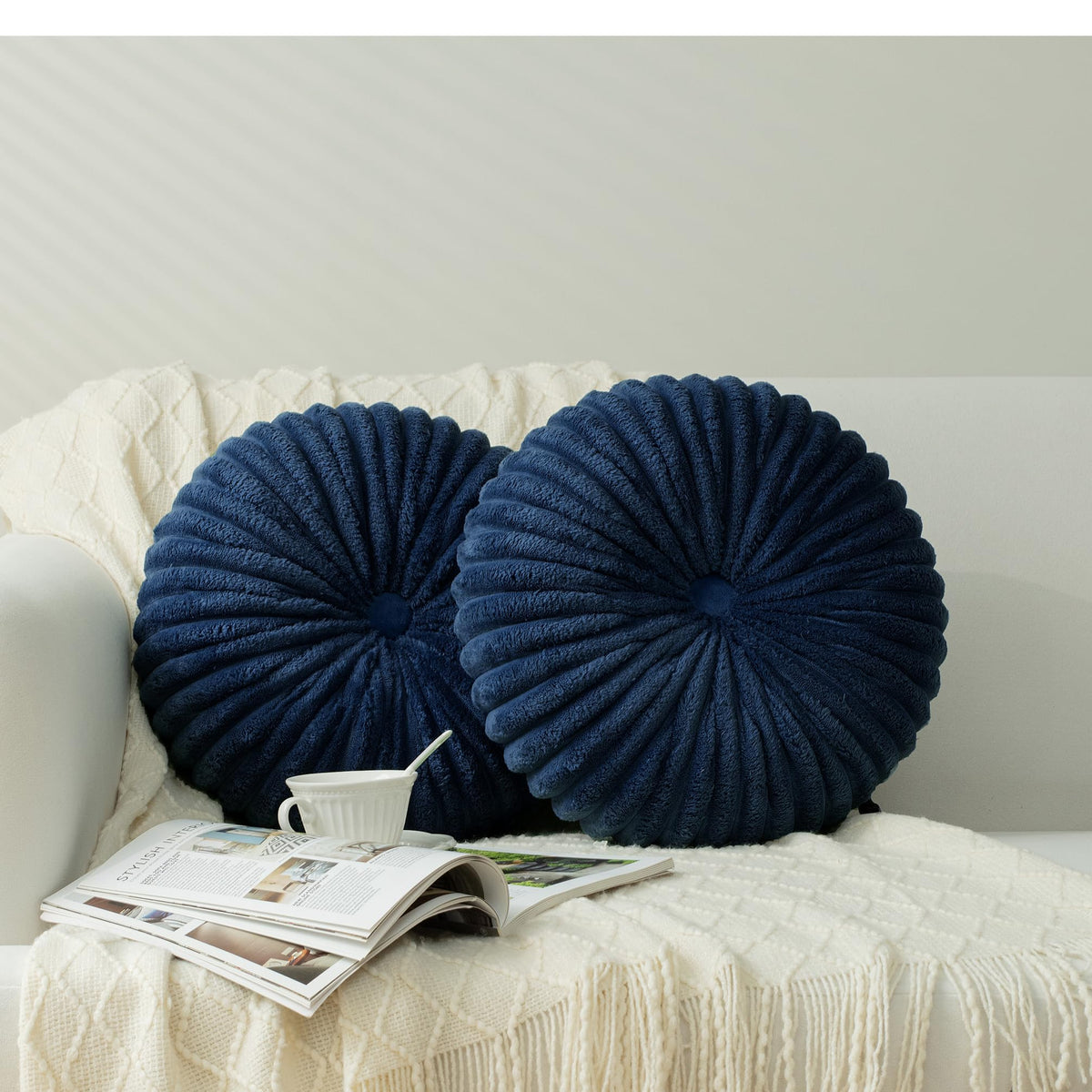 HIG Set of 2 Olive Velvet Decorative Round Pleated Throw Pillows