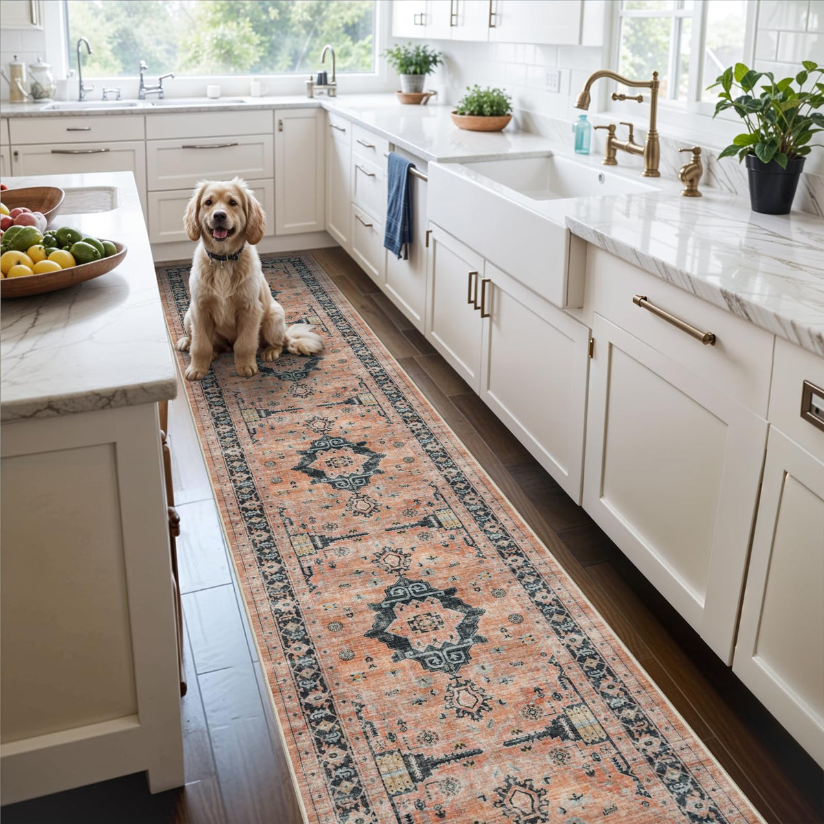 Hallway Washable Runner Rug - 2x10 Kitchen Rugs Entryway Rug Runner Vintage Soft Floor Mat Non Slip Indoor Farmhouse Carpet for Bathroom Living Room Bedroom (2 X 10, Beige)