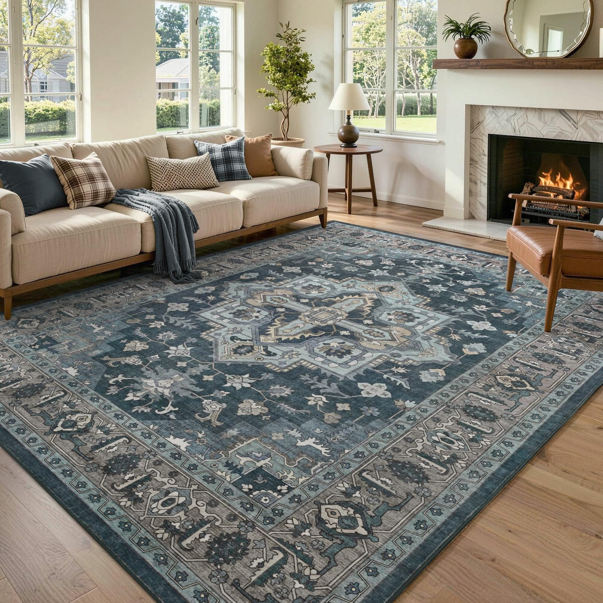 6x9 Ft Large Area Rugs for Living Room, Soft Non-Slip Machine Washable Rug, Vintage Stain Resistant Carpets for Bedroom Nursery Dining Room Home Decor (Beige)