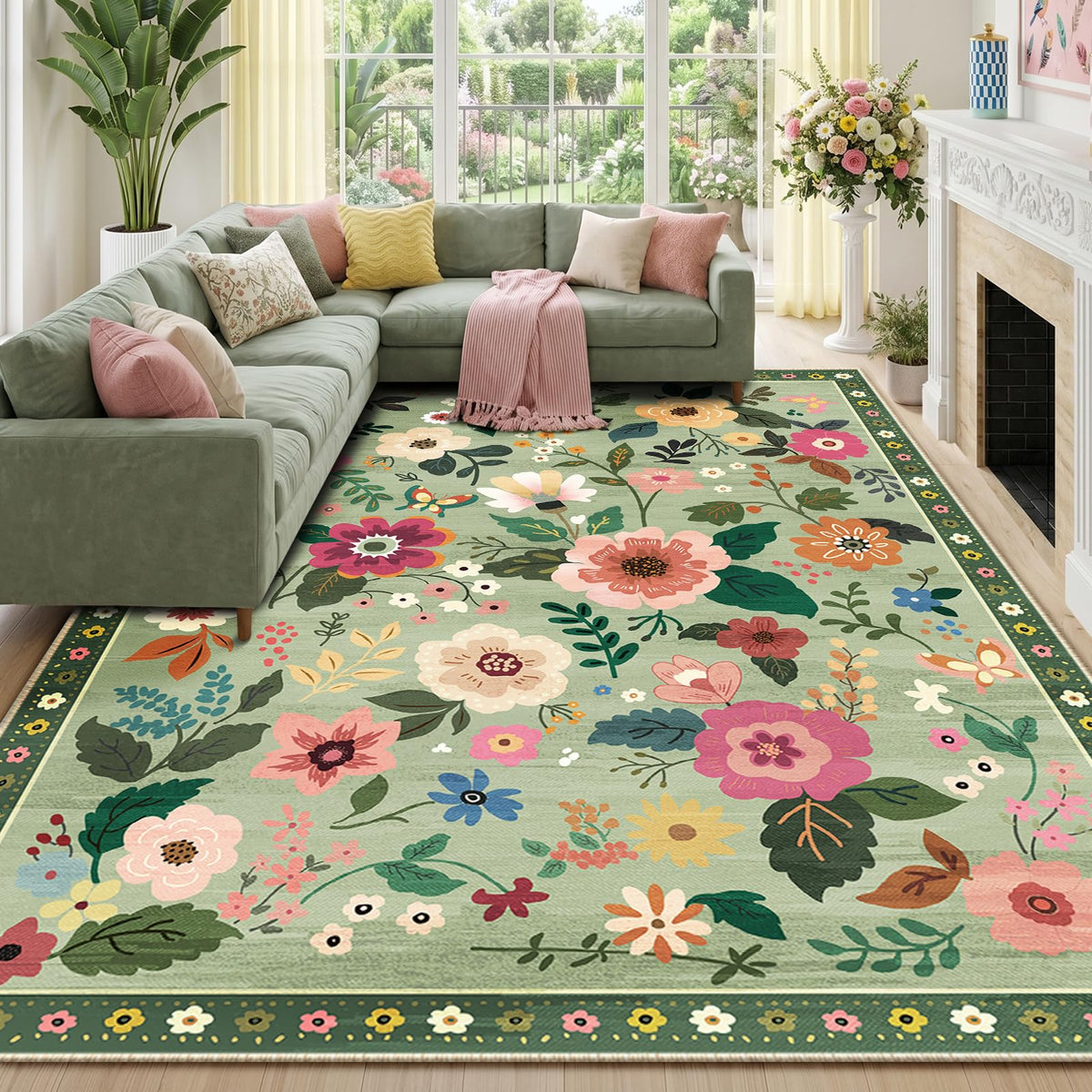 RELEANY Floral Washable 5x7 Area Rugs Black