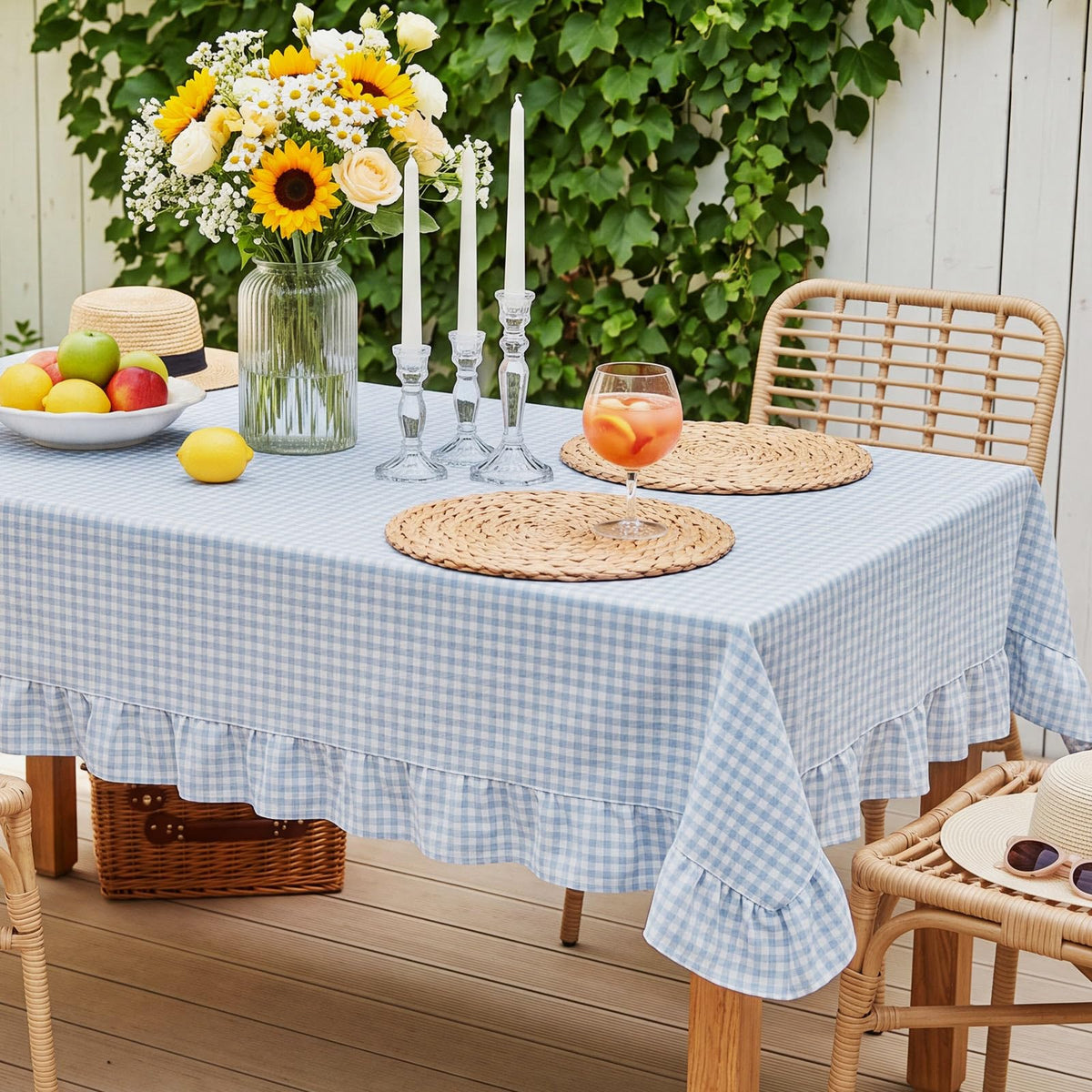 Mindsoft Brown Ruffled Gingham Tablecloth, 52 x 70 Inches, Rectangle