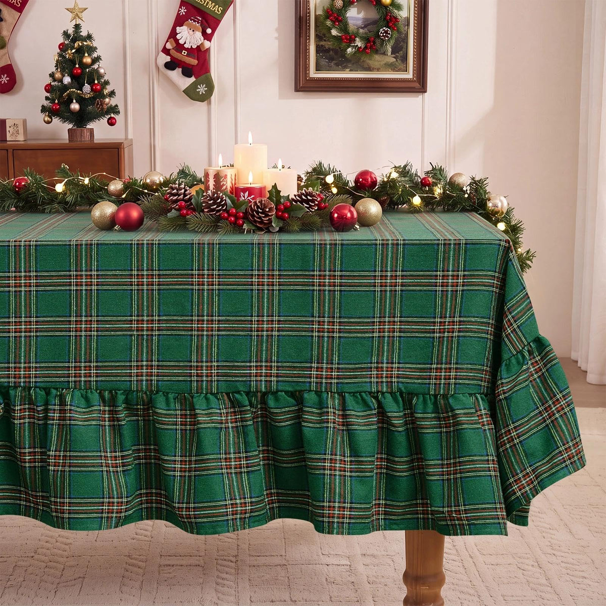 Romanstile Gingham Ruffled Tablecloth Rectangle, 60 x 84 Inch, Sage Green