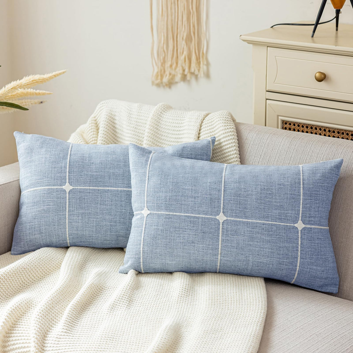 vctops Rustic Lattice Cotton Linen Decorative Throw Pillow Cover Embroidery Square Cushion Cover Pillowcase for Sofa Bedroom Couch (Plaid Coffee,18"x18")