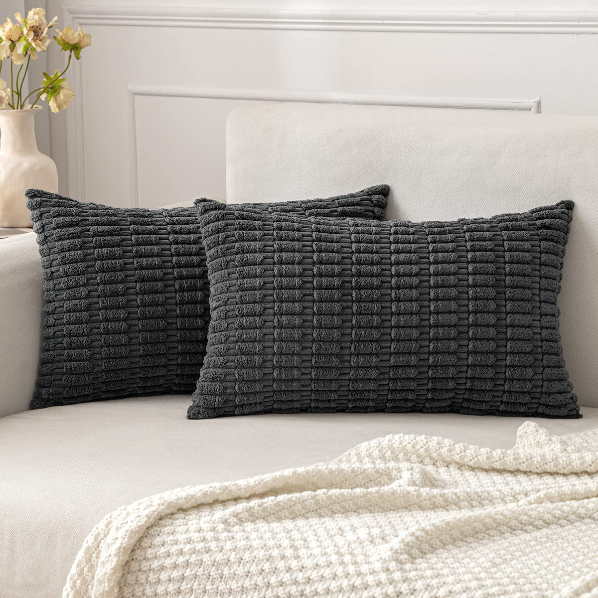 MIULEE Corduroy Decorative Throw Pillow Covers 18x18 Cream White Pack of 2