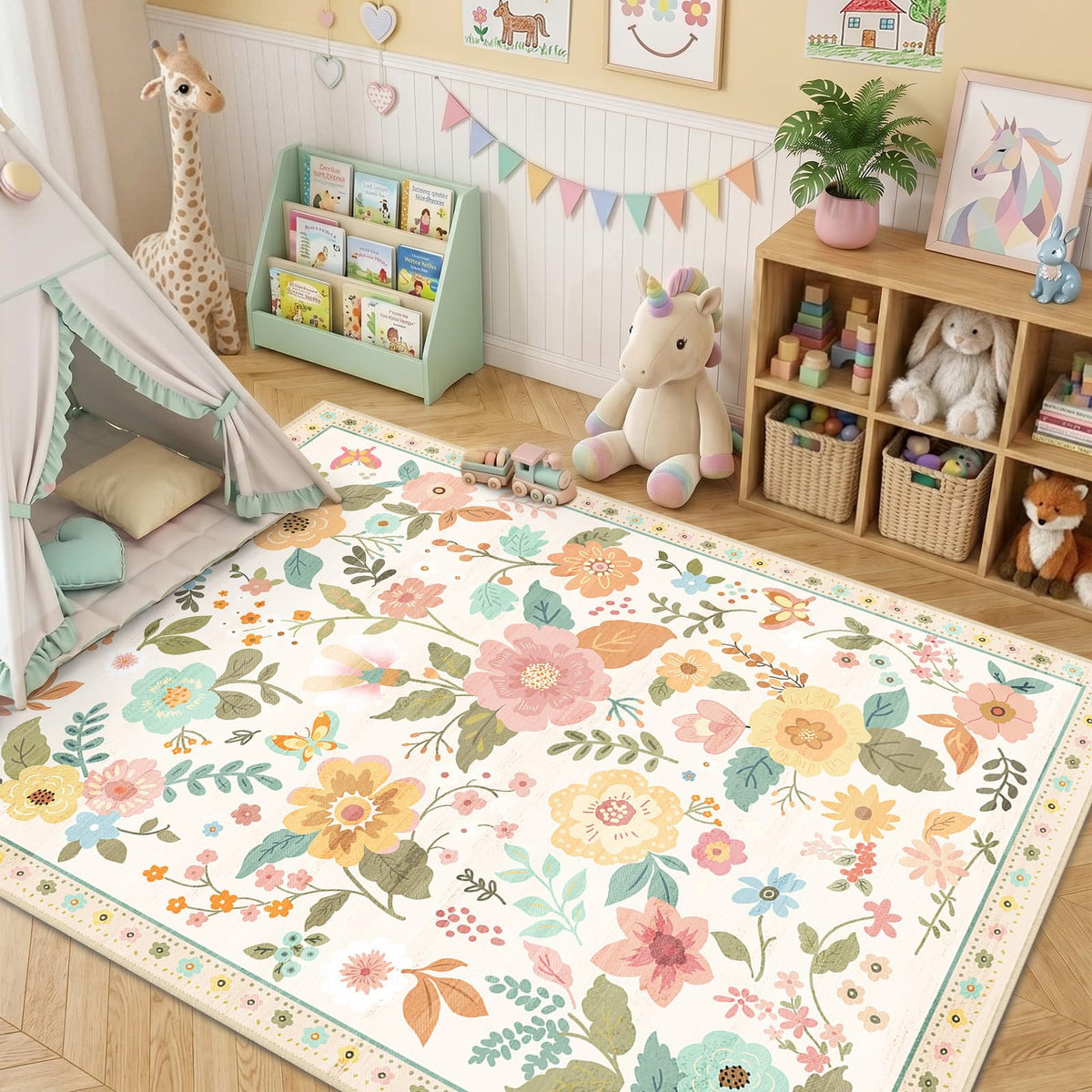 RELEANY Floral Washable 5x7 Area Rugs Black