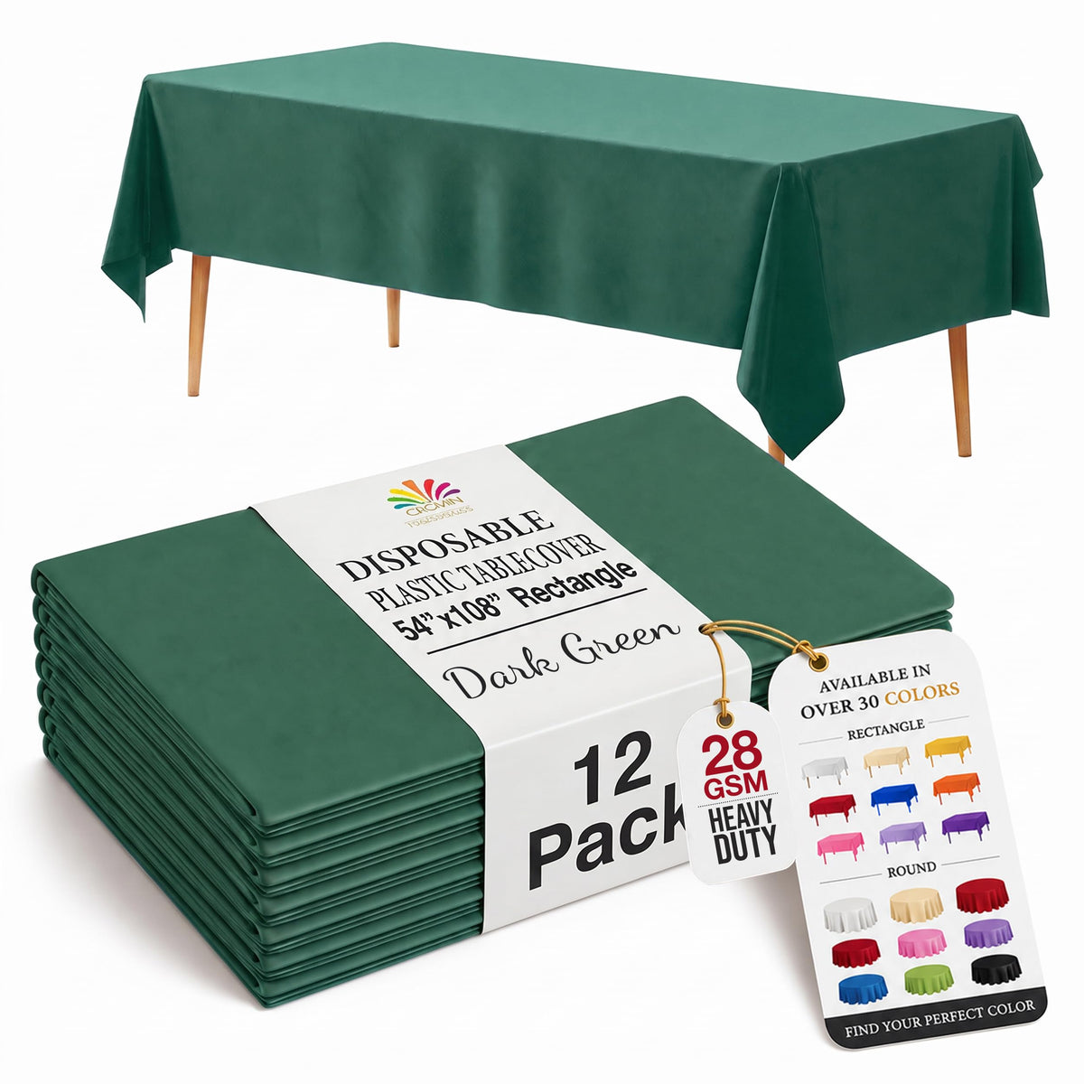 Exquisite 12-Pack Premium Plastic Tablecloth 12-Pack Premium Plastic Tablecloth 84in. Round Table Cover - Emerald Green