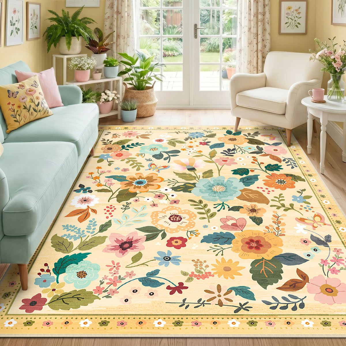 RELEANY Floral Washable 5x7 Area Rugs Black