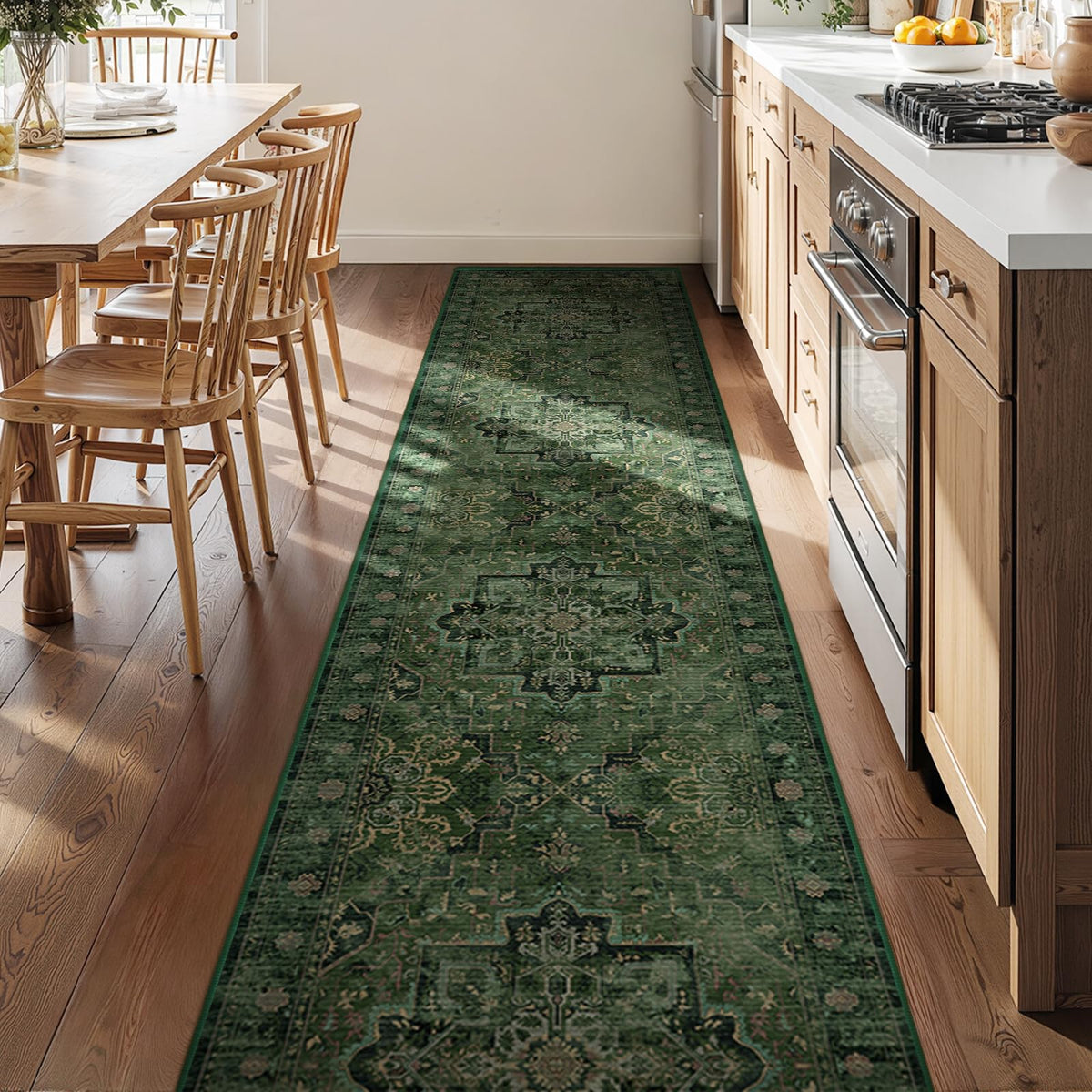 Vintage Dark Green Area Rugs 5x7 for Living Room, Tranditional Distressed Medallion Printed Low Pile Thin Rugs for Bedroom, Non Slip Washable Carpet Rugs for Dining Room/Kitchen/Home Office