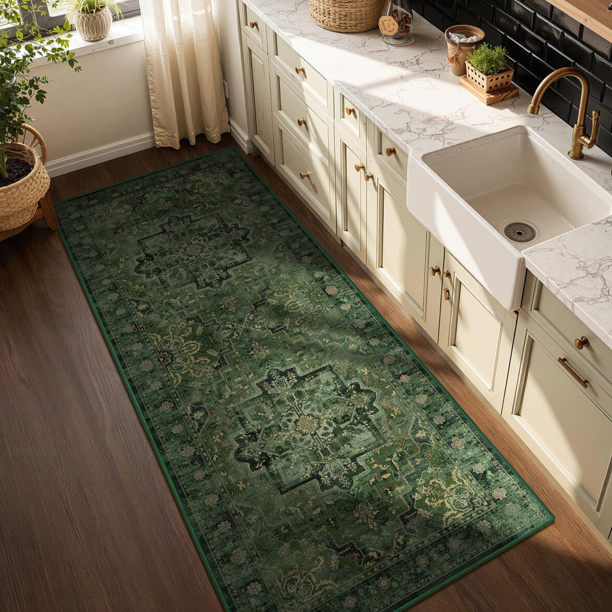 Vintage Dark Green Area Rugs 5x7 for Living Room, Tranditional Distressed Medallion Printed Low Pile Thin Rugs for Bedroom, Non Slip Washable Carpet Rugs for Dining Room/Kitchen/Home Office